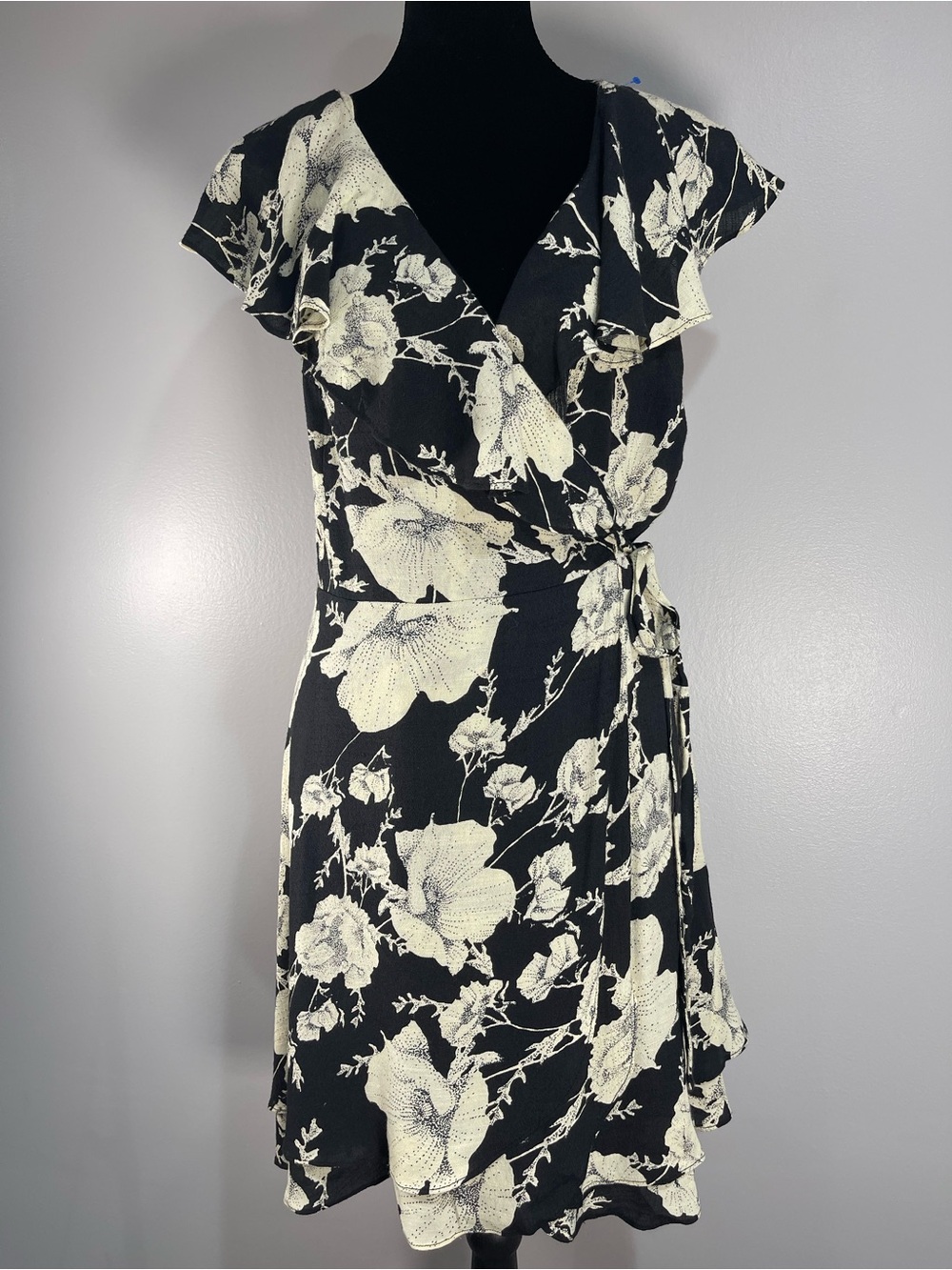 Free People French Quarter Black Wrap Midi Dress with Cream Floral Print Sz. M